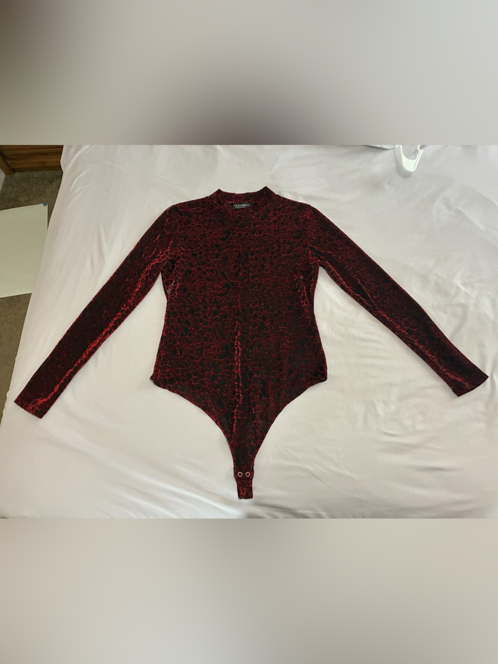 Lacey Long Sleeve Mock Neck Bodysuit in Sheer Red and Black